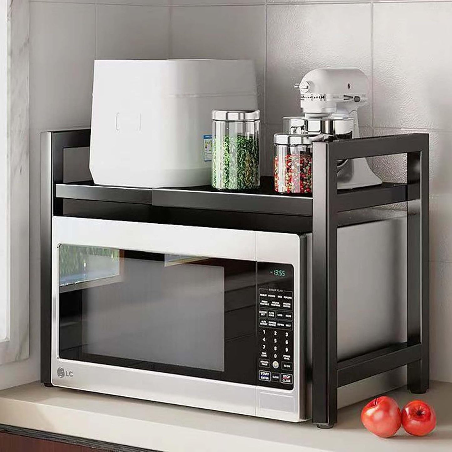 Microwave Oven Rack, Microwave stand,Adjustable Shelf with 6 Hooks Microwave Shelf, Microwave Rack, Extendable Kitchen Microwave Stand, Microwave Stand with Storage (shelf 001)