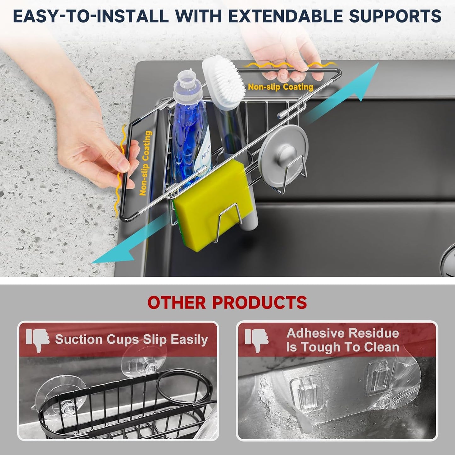 Extendable Arm Stainless Steel Kitchen Sink Corner Caddy
