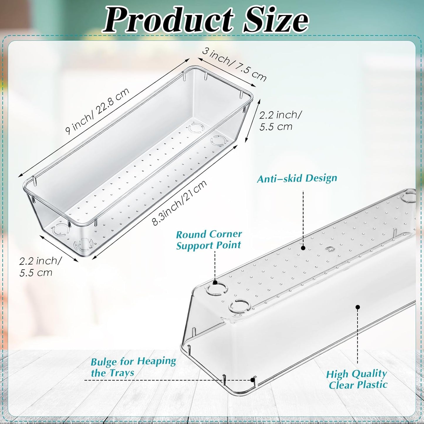 12 Pcs Clear Drawer Organizer 9 x 3 x 2 Inches Plastic Rectangle Trays Makeup Vanity Storage Bins and Kitchen Drawers Dividers for Office Desk Silverware Kitchen Utensils(Clear)