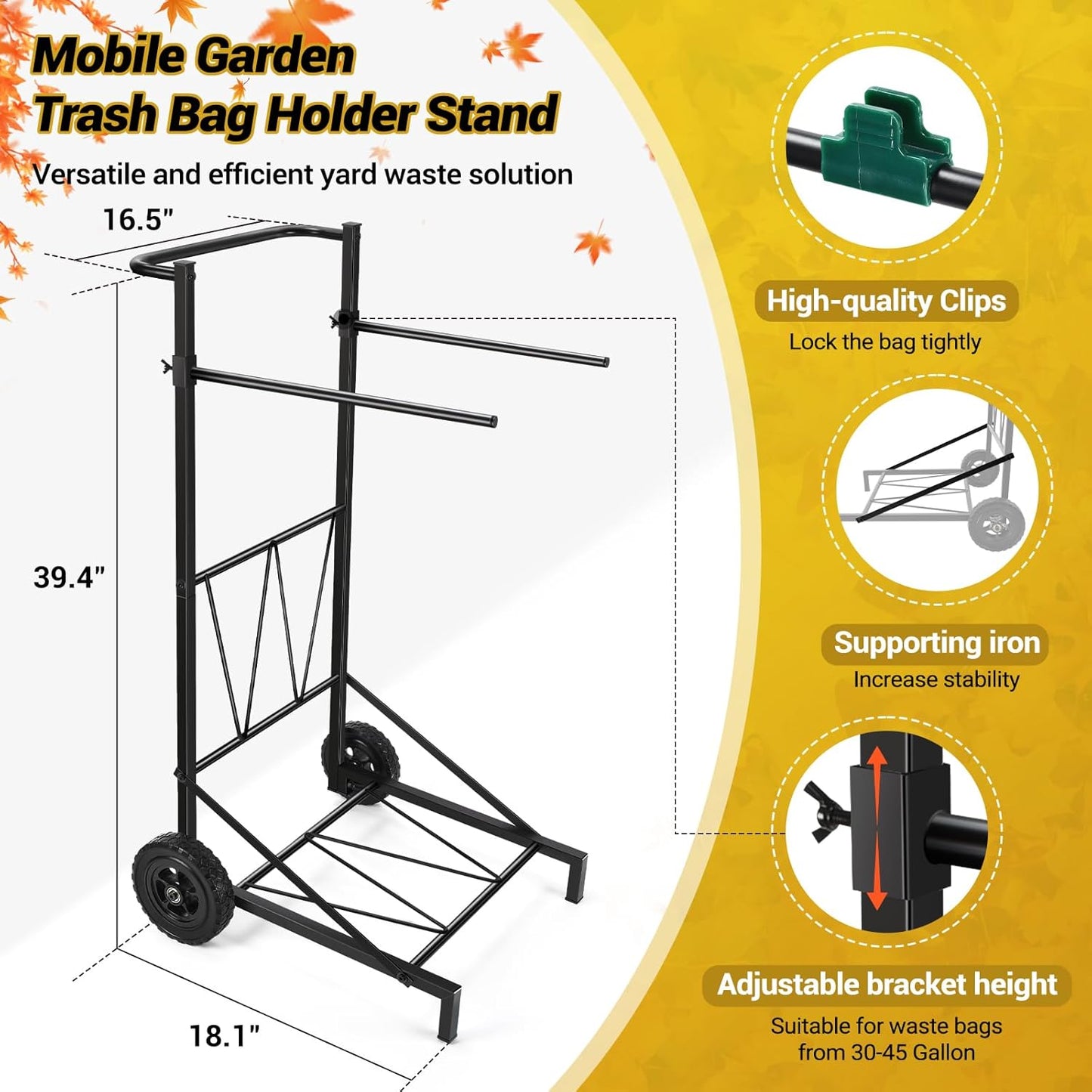 Trash Bag Holder, Adjustable Metal Leaf Bag Holder from 30-45 Gallon Capacity