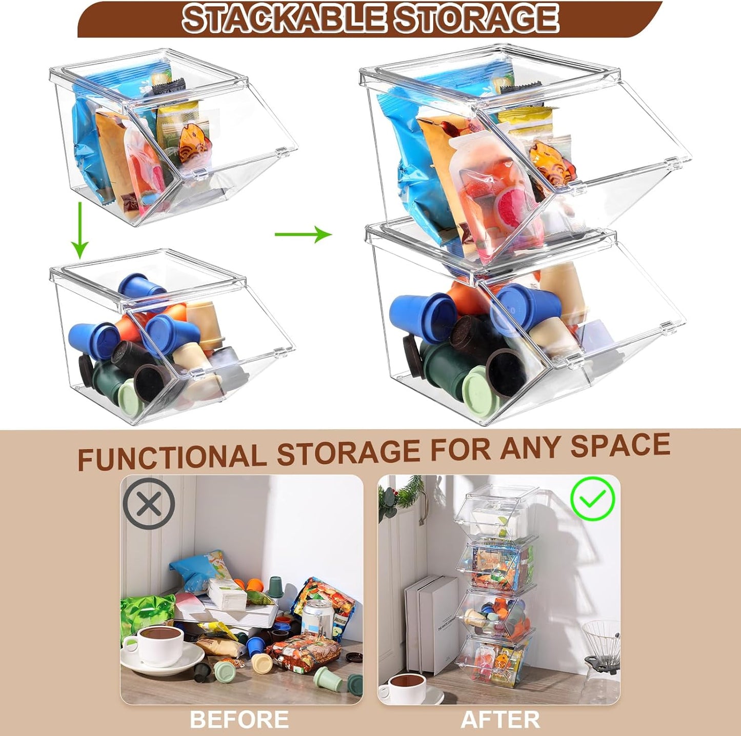 12 Pcs Clear Plastic Storage Bins with Lids Large Stackable Pantry Storage Organizer Bins Kitchen Organization Cabinet Organizers Ideal Containers for Fridge, Kitchen, Cabinets (Clear)