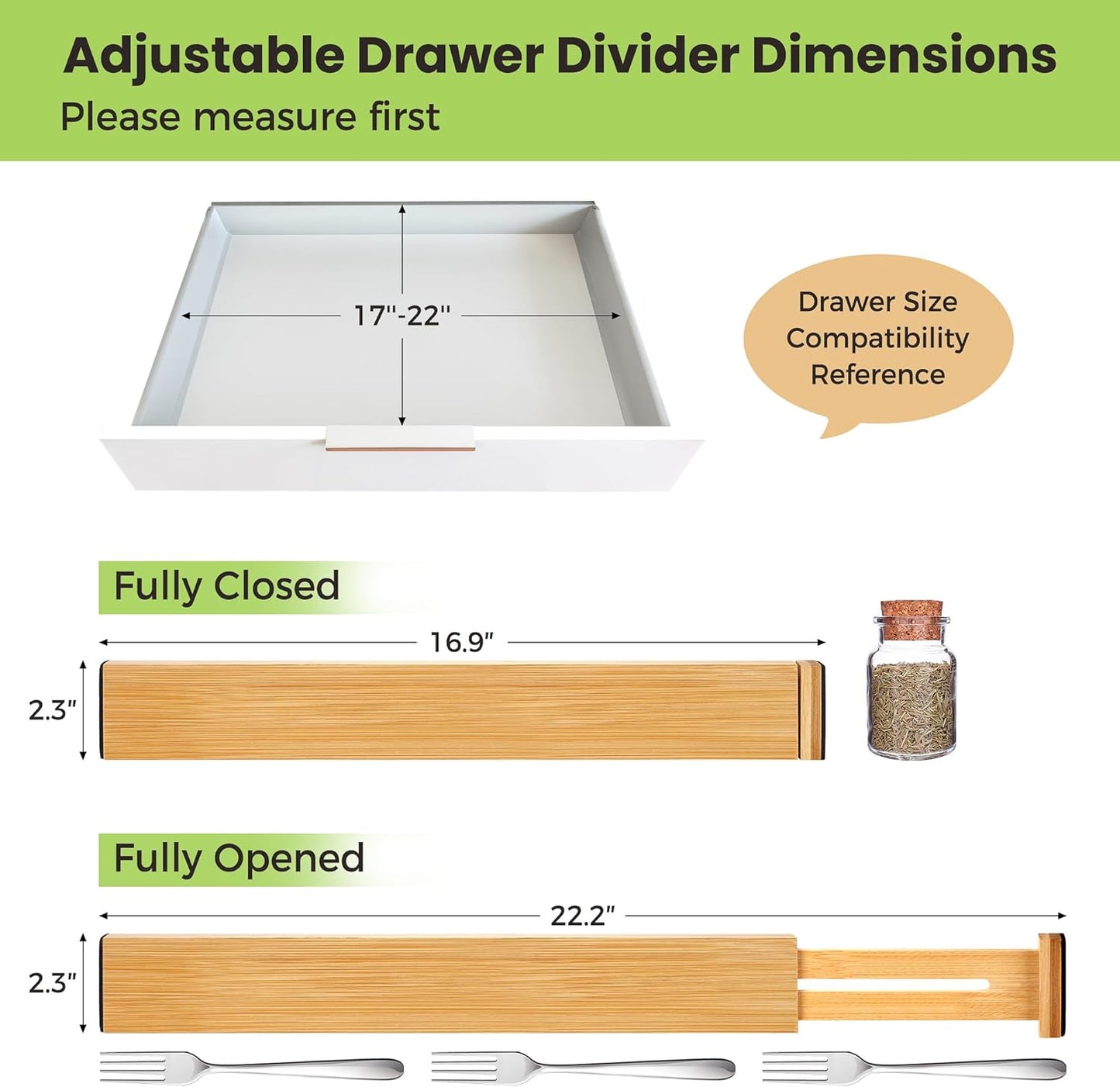 Drawer Divider, Adjustable Bamboo Kitchen Drawer Organizer, Spring Loaded Drawer Organizer