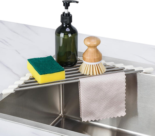 Triangle Roll-Up Dish Drying Rack Sink Corner Small Foldable Stainless Steel Over The Sink Multipurpose Kitchen Drainer Caddy Organizer Storage Shelf Holder (Coconut Milk White)