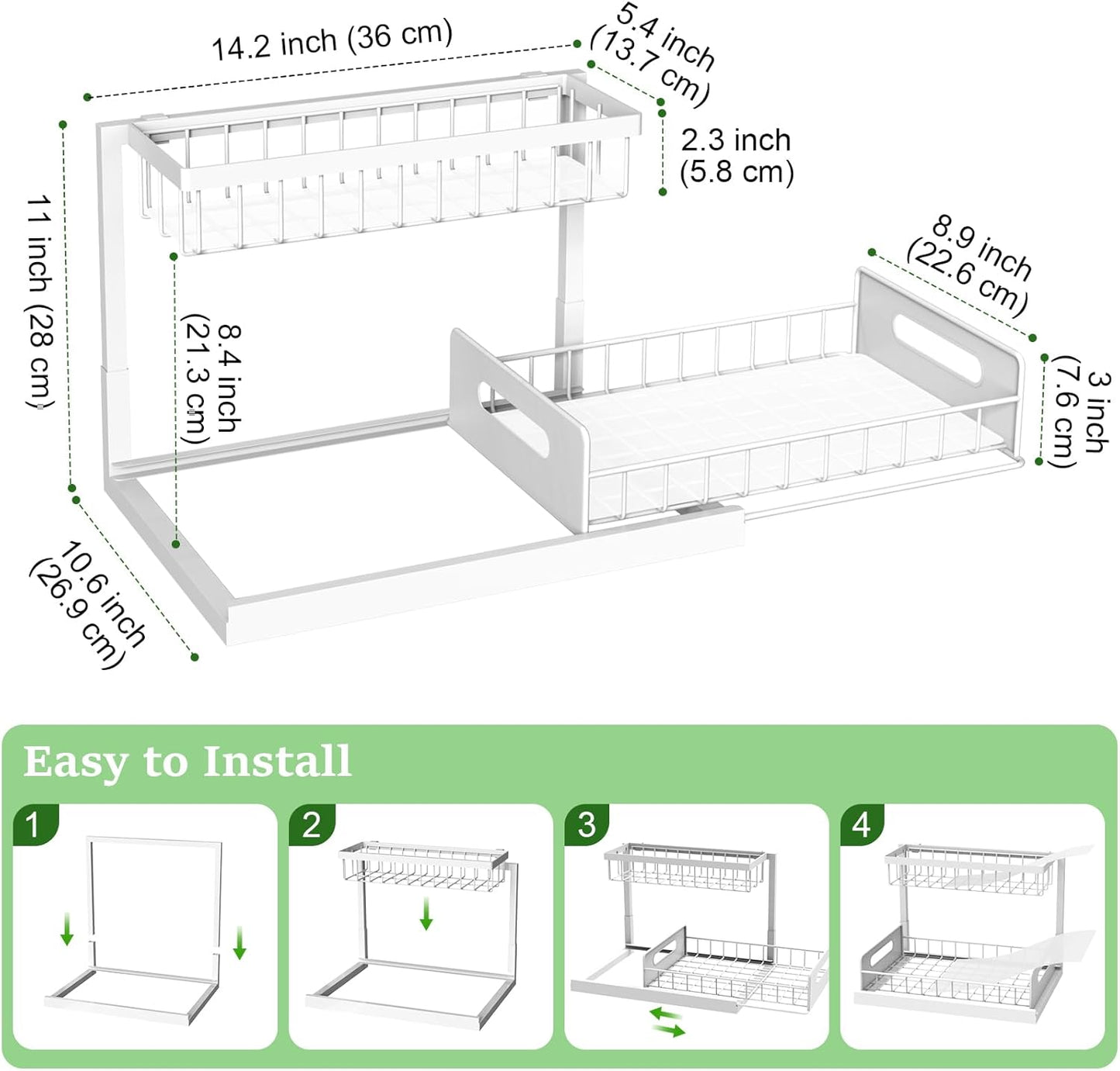 Under Sink Organizer, Pull Out Cabinet Organizer 2 Tier Slide Out Sink Shelf Cabinet Storage Shelves, Under Sink Storage for Kitchen Bathroom Cabinet, White, 1 Pack