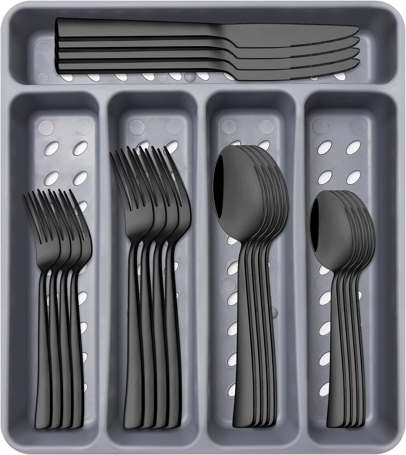 21-Piece Modern Black Silverware Set with Organizer Tray Stainless Steel Eating Utensil Sets Kitchen Knives Forks and Spoons Cutlery Set Heavy Duty Tableware Flatware Sets for 4, Dishwasher Safe