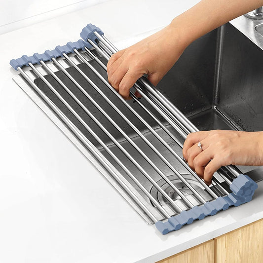 Over The Sink Dish Drying Rack, Roll Up Dish Drying Rack Kitchen Dishes Rack Stainless Steel Sink Drying Racks, Foldable Dishes Drainer, Gray (17.5''x15.7'')