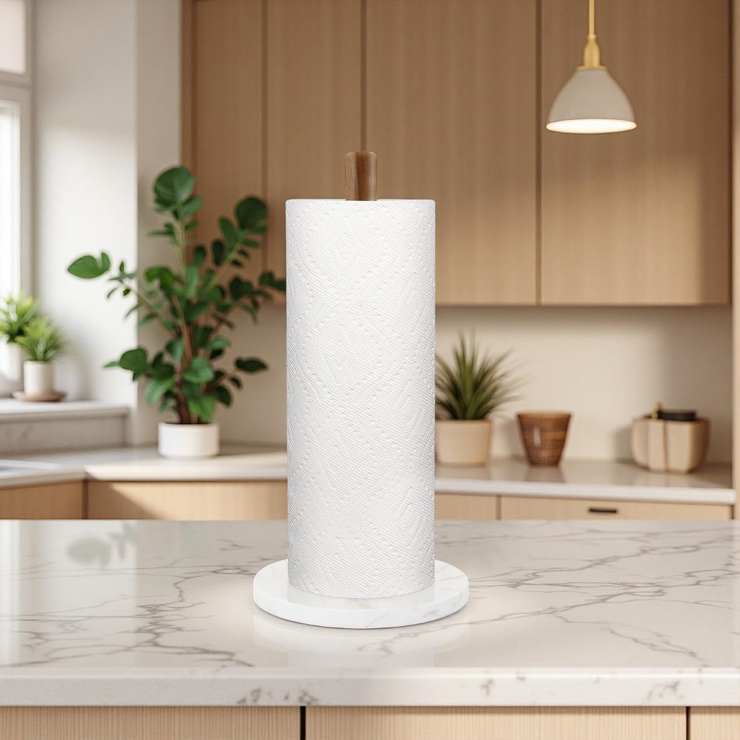 Wood Paper Towel Holder, Marble Base Modern Decorative Countertop Standing Rolls Holder for Kitchen, Toilet, Pantry and Bathroom (Marble Base White)