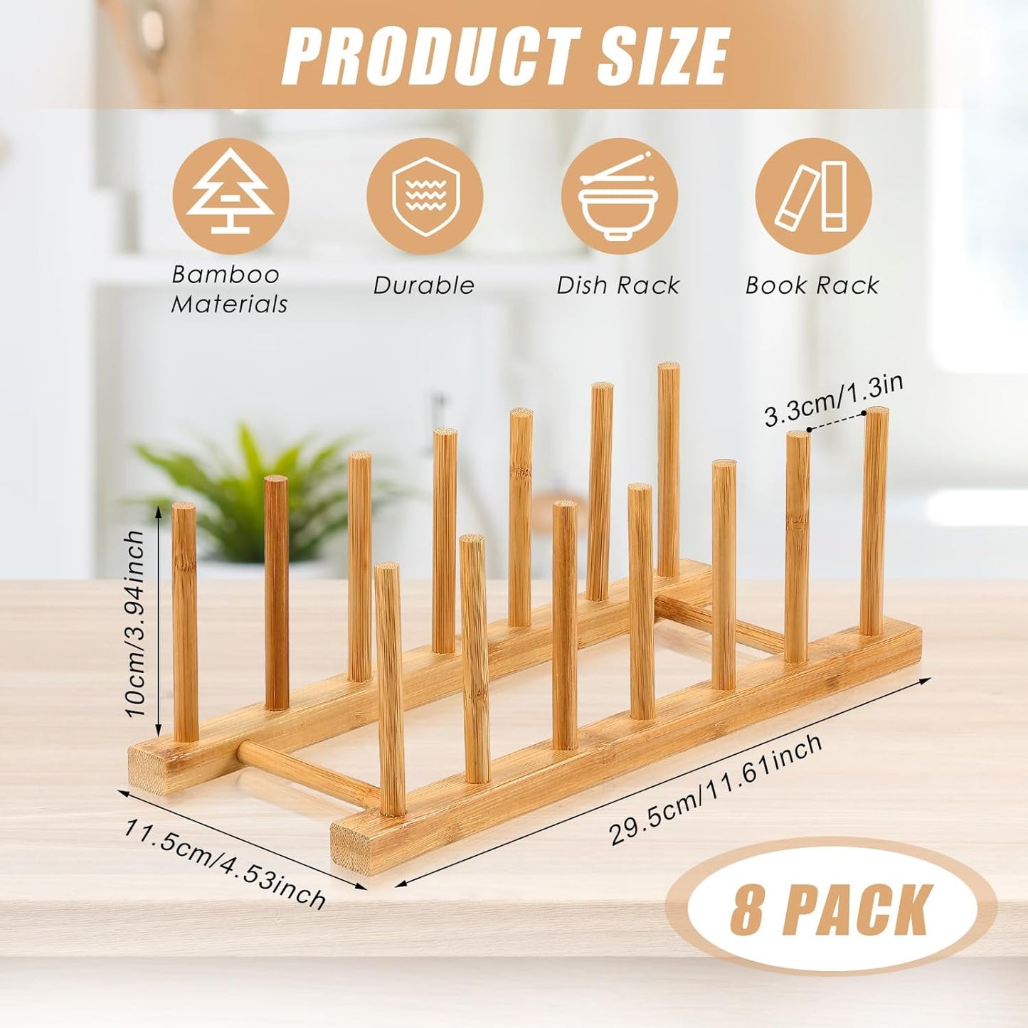 8 Pcs Bamboo Wooden Plate Rack Dish Drying Rack Wood Pot Lid Holder Stand Kitchen Cabinet Organizer for Bowl Cup Cutting Board