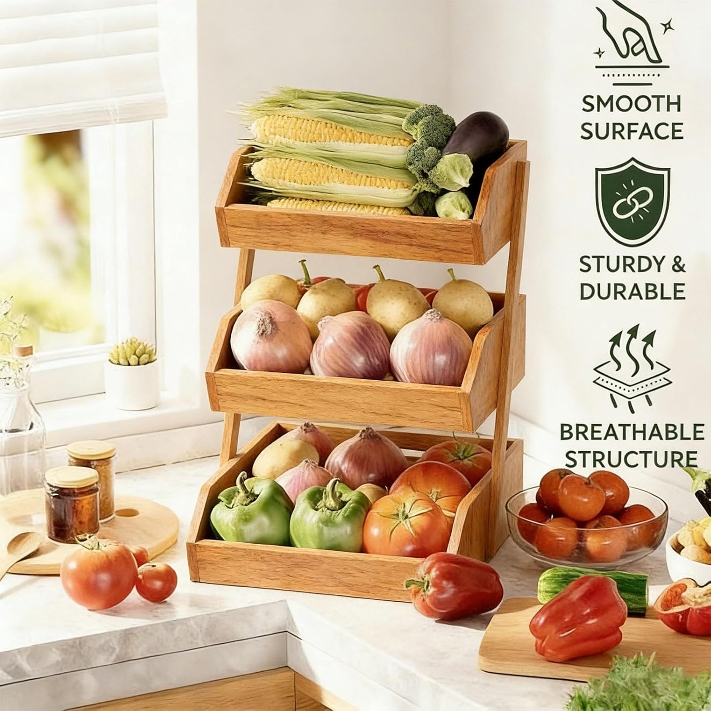 3-Tier Natural Bamboo Fruit & Vegetable Basket Organizer