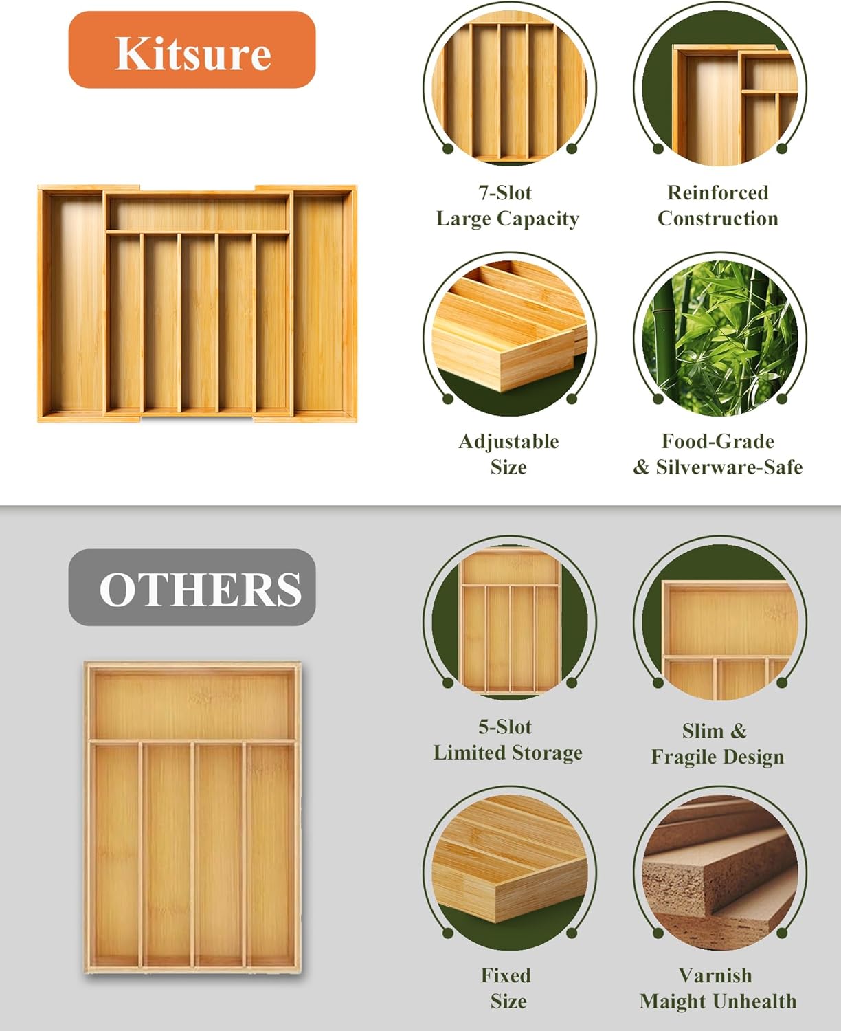 Large Bamboo Silverware Organizer - Expandable Drawer Organizer for Utensil, Cutlery and Flatware