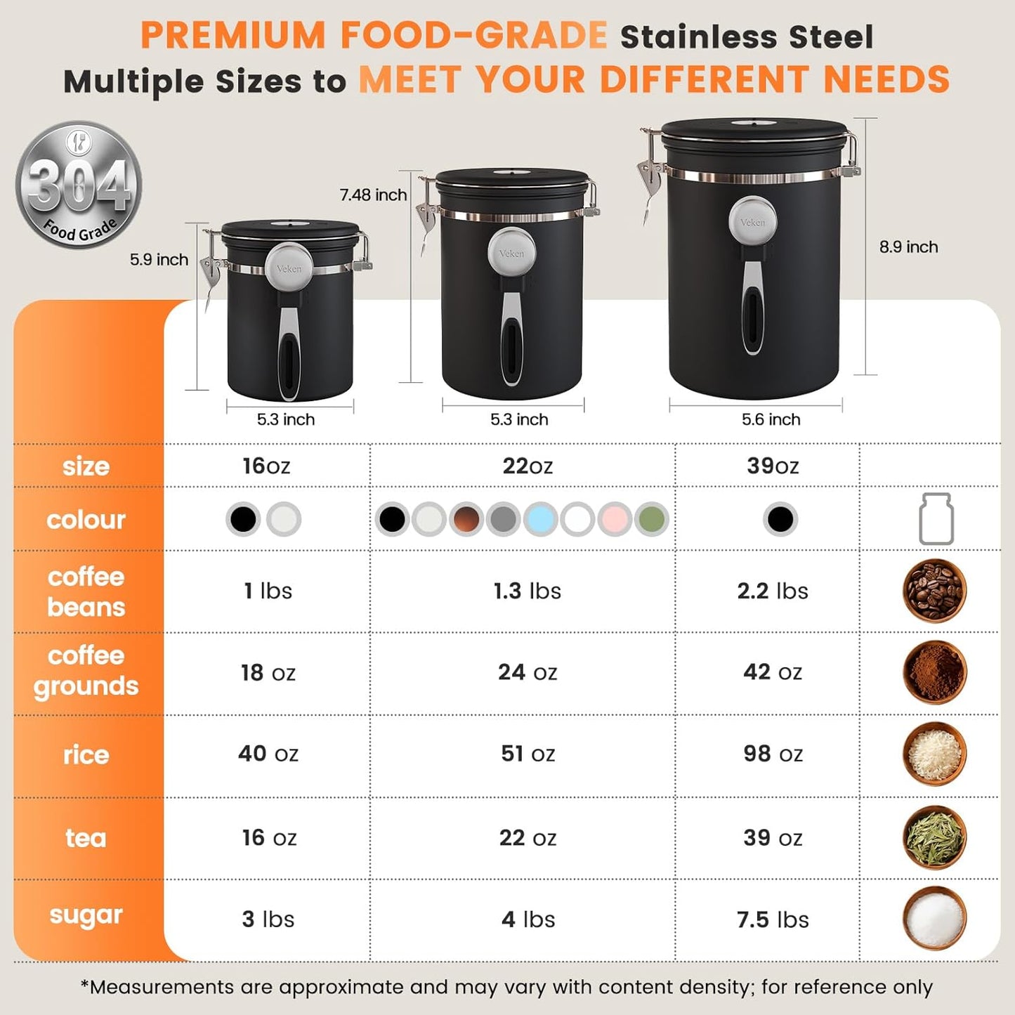 Coffee Canister with Window,Airtight Stainless Steel Pantry Container,Home Kitchen Food Storage Organizers for Ground,Beans,Espresso,Rice,Tea,Sugar,Cereal, Decor,Bar Accessories,Gifts,22OZ,Black