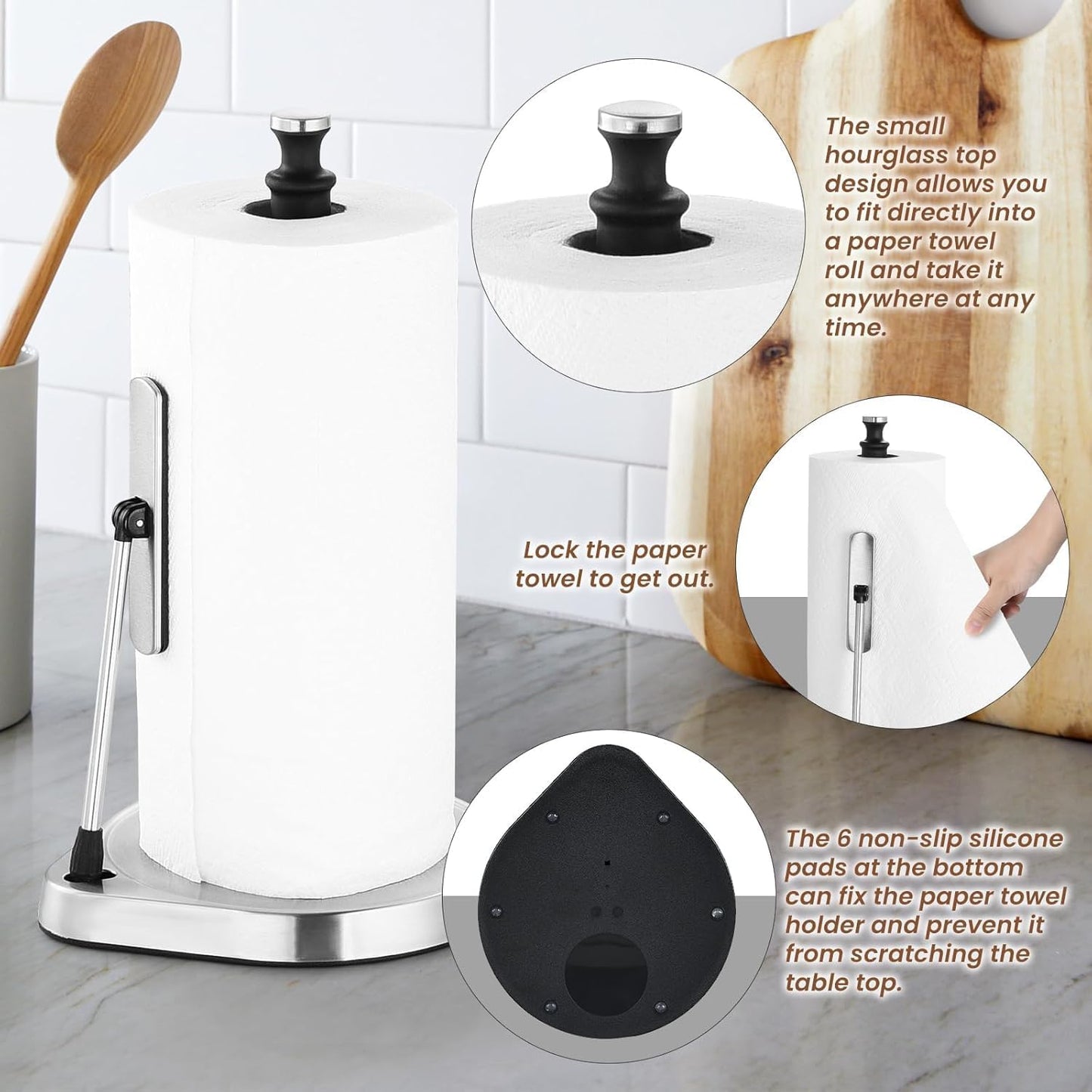 Paper Towel Holder for One Hand Tear - Countertop with Tension Arm & Non Slip Weighted Base
