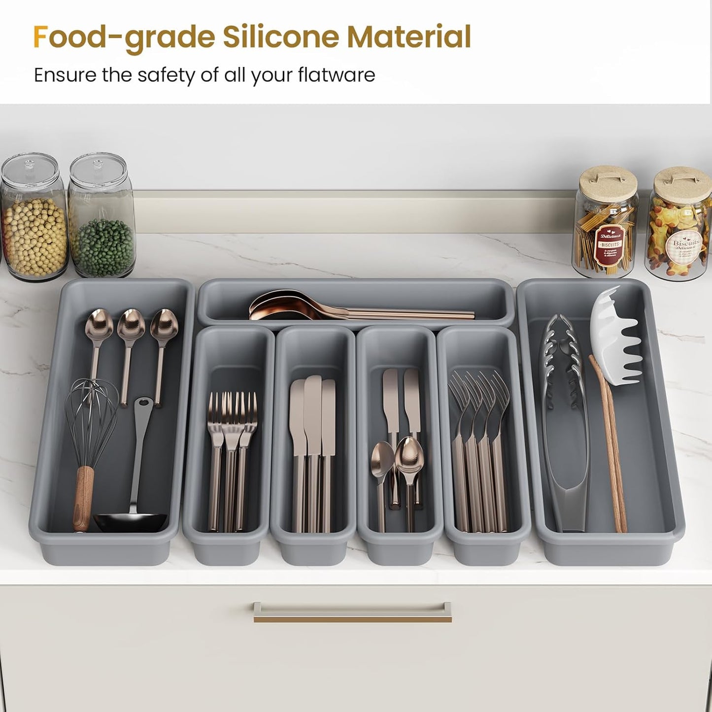 7 Pack Silicone Silverware Drawer Organizer, DIY Free Combination Kitchen Drawer Organizer