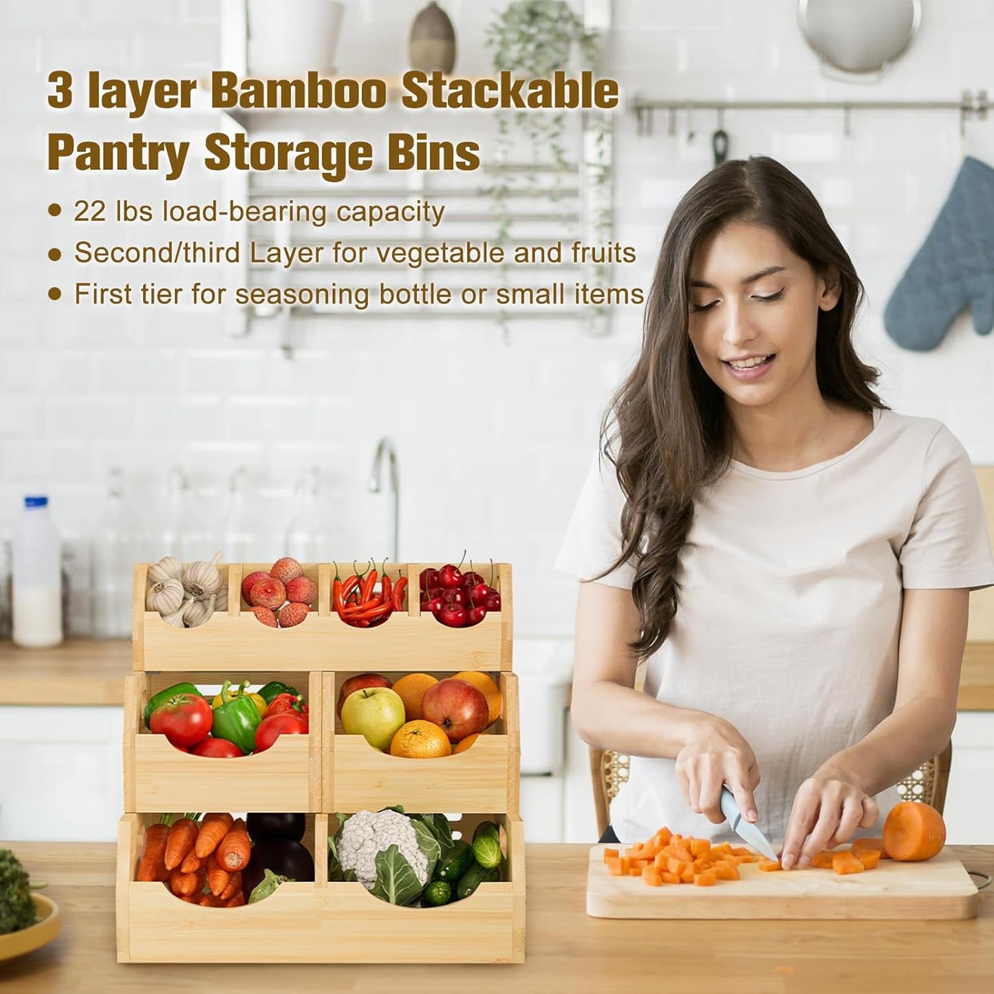 Upgraded 3 Tier Bamboo Pantry Storage Bins - Stackable Potato and Onion Storage Bin