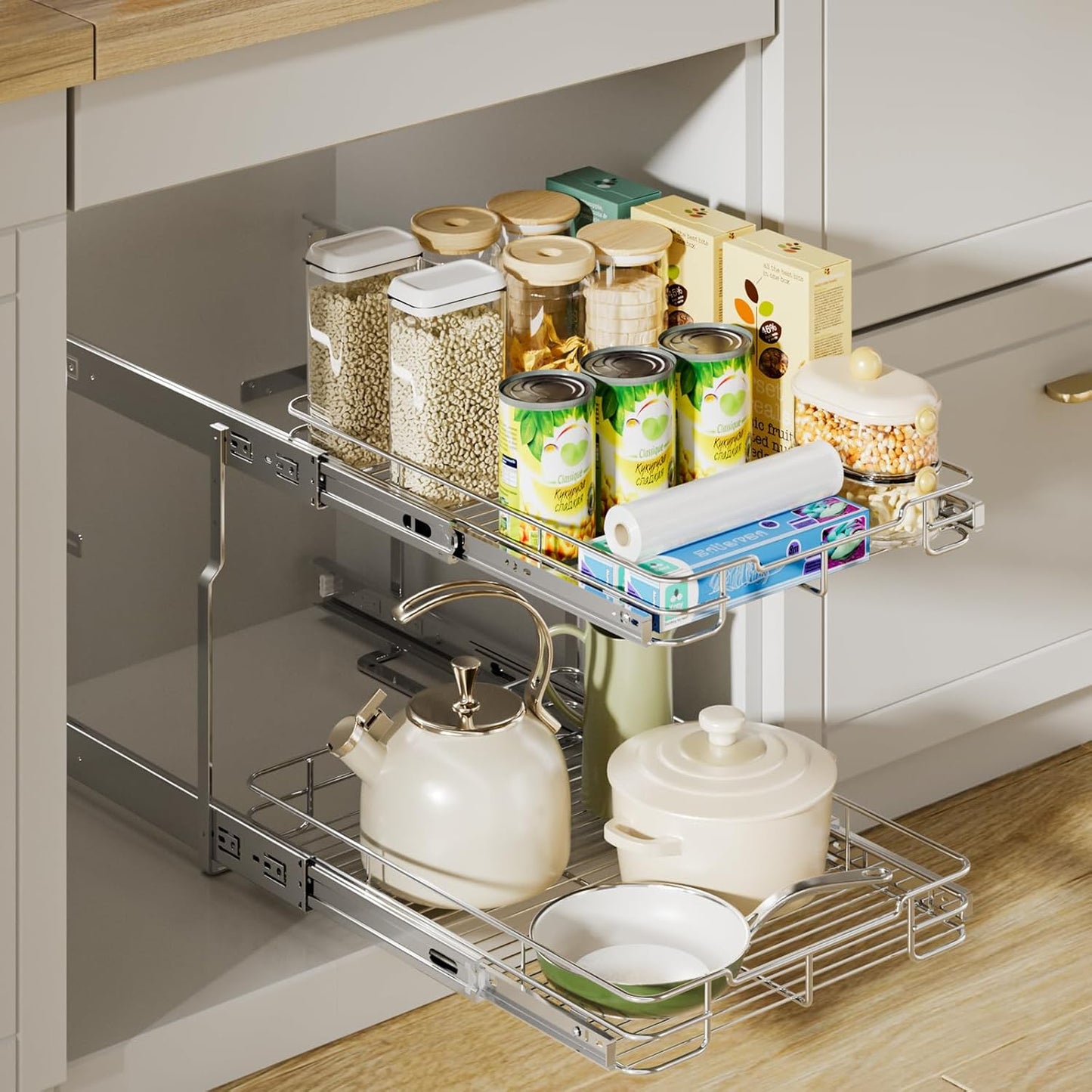 14" W X 21" D Pull Out Cabinet Organizer, 2 Tier Heavy Duty Cabinet Shelf Organizers