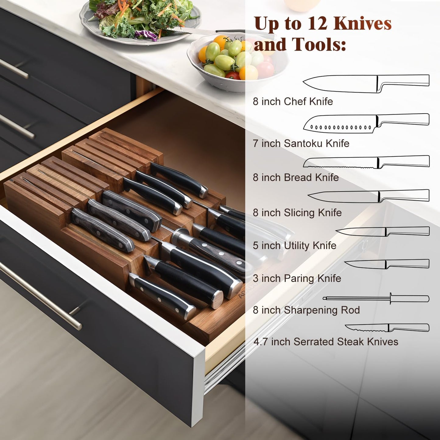 In-Drawer Knife Block, Acacia Wood Kitchen Knife Drawer Organizer