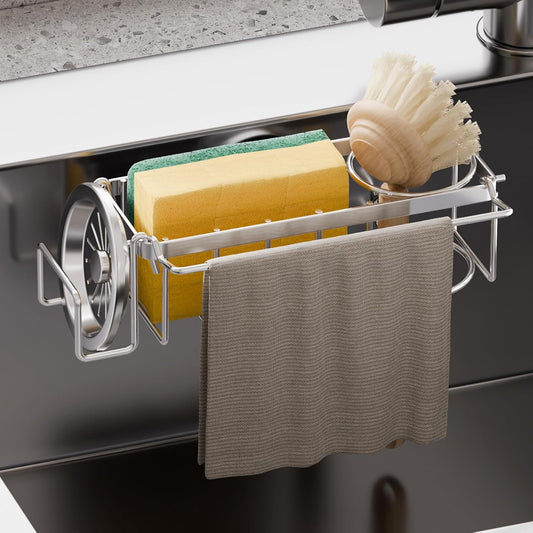 Sponge Holder with Strong Suction Cup, 4-in-1 Rustproof Sink Organizer - Sink Caddy Holds Sponges