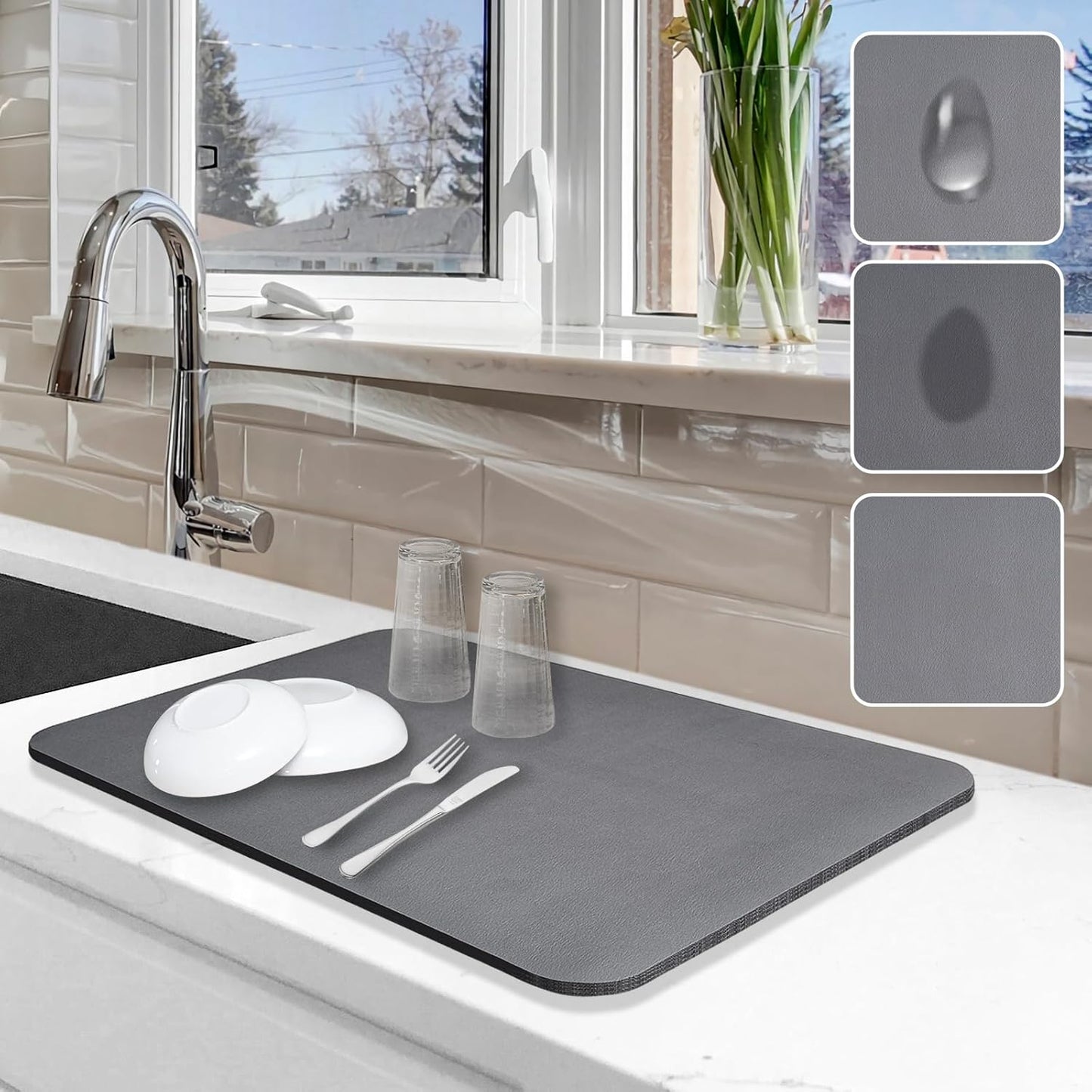 Dish Drying Mat for Kitchen Counter, 12"x19" Dish Drying Pad with Non-slip Rubber Backed