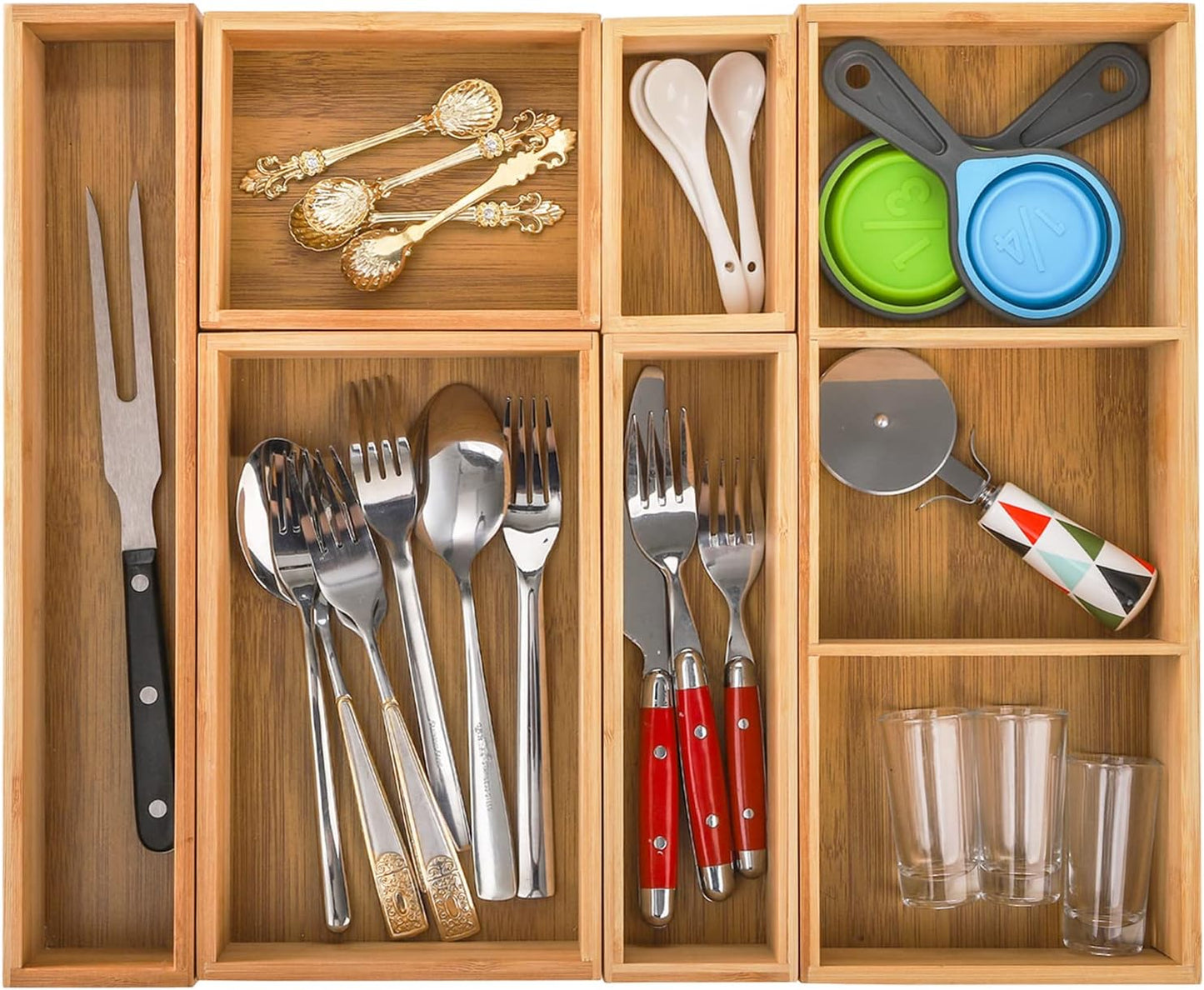 Set of 6 Bamboo Drawer Organizer Storage Box, Adjustable Cutlery Drawer Organizer