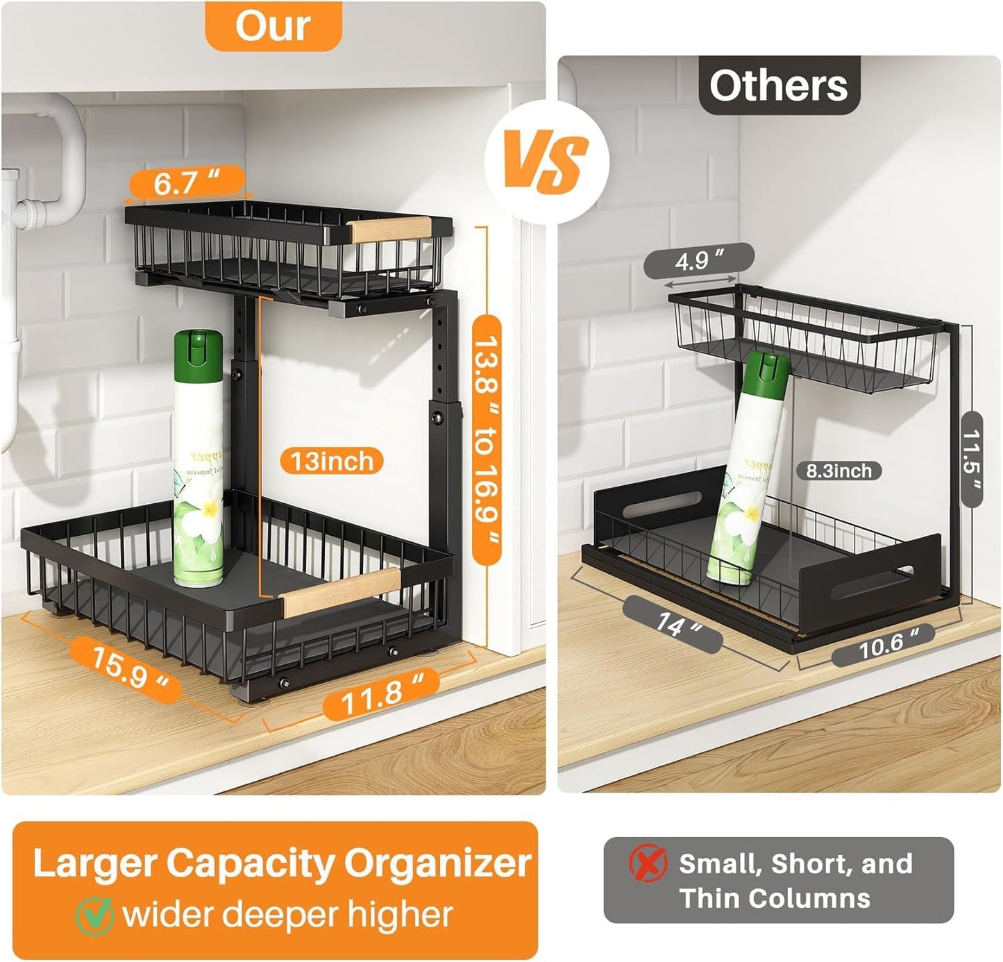 Under Sink Organizer, Adjustable Height, 2 Tier Pull Out Under Cabinet Organizer