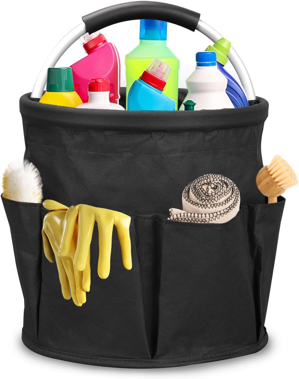 17L Cleaning Caddy with Handle, Cleaning Supply Caddy Foldable Tool Bag Cleaning Products Organizers Portable Cleaning Bucket Organiser for Storing Towels (Black)