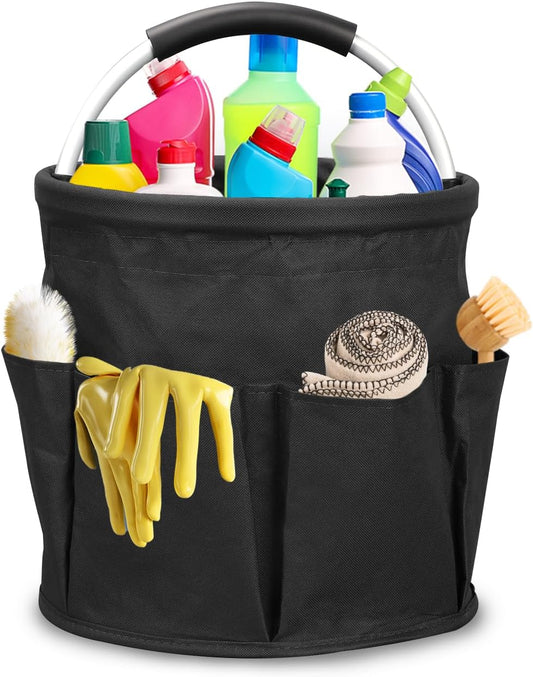 17L Cleaning Caddy with Handle, Cleaning Supply Caddy Foldable Tool Bag Cleaning Products Organizers Portable Cleaning Bucket Organiser for Storing Towels (Black)