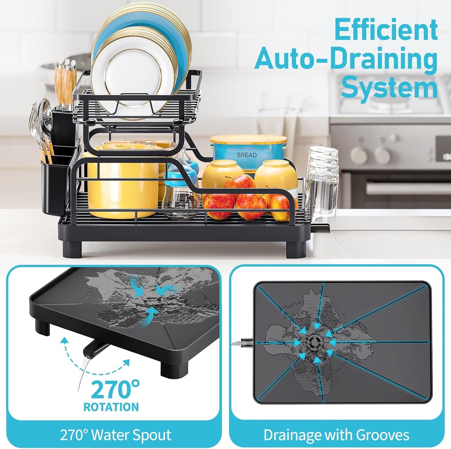 Dish Drying Rack,2 Tier Dish Drying Rack with Large Drainboard,Dish Racks for Kitchen Counter and Sink,Stainless Steel Dish Drainers with Cup ＆ Utensil Holders,Black