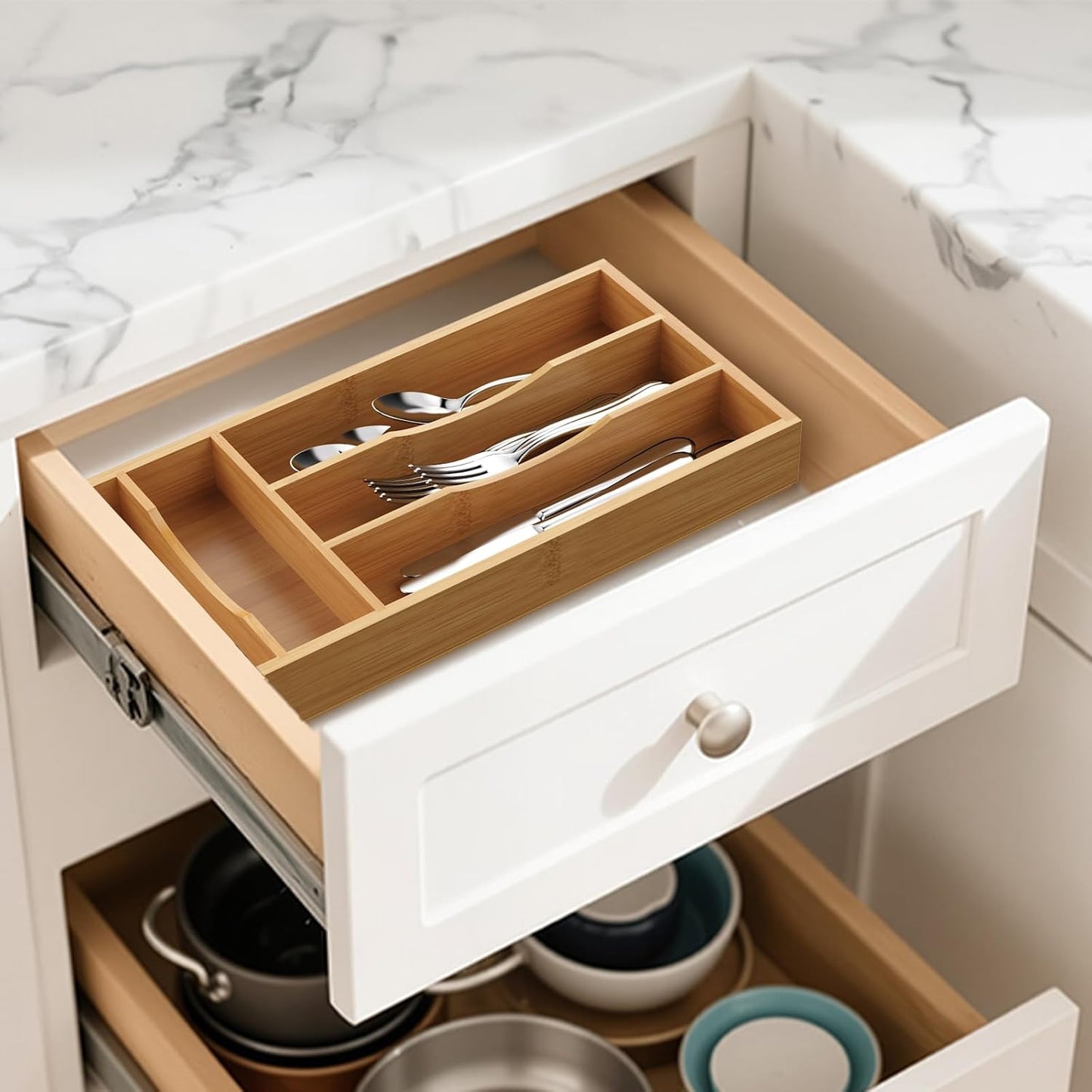 Small Silverware Organizer, Bamboo Kitchen Drawer Cutlery Organizer, Utensil Holder