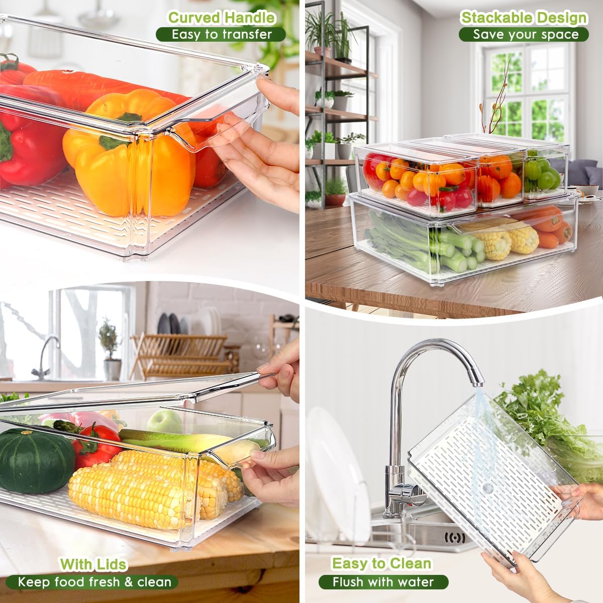 4 Pack Fridge Organizer, Stackable Refrigerator Organizer Bins with Lids