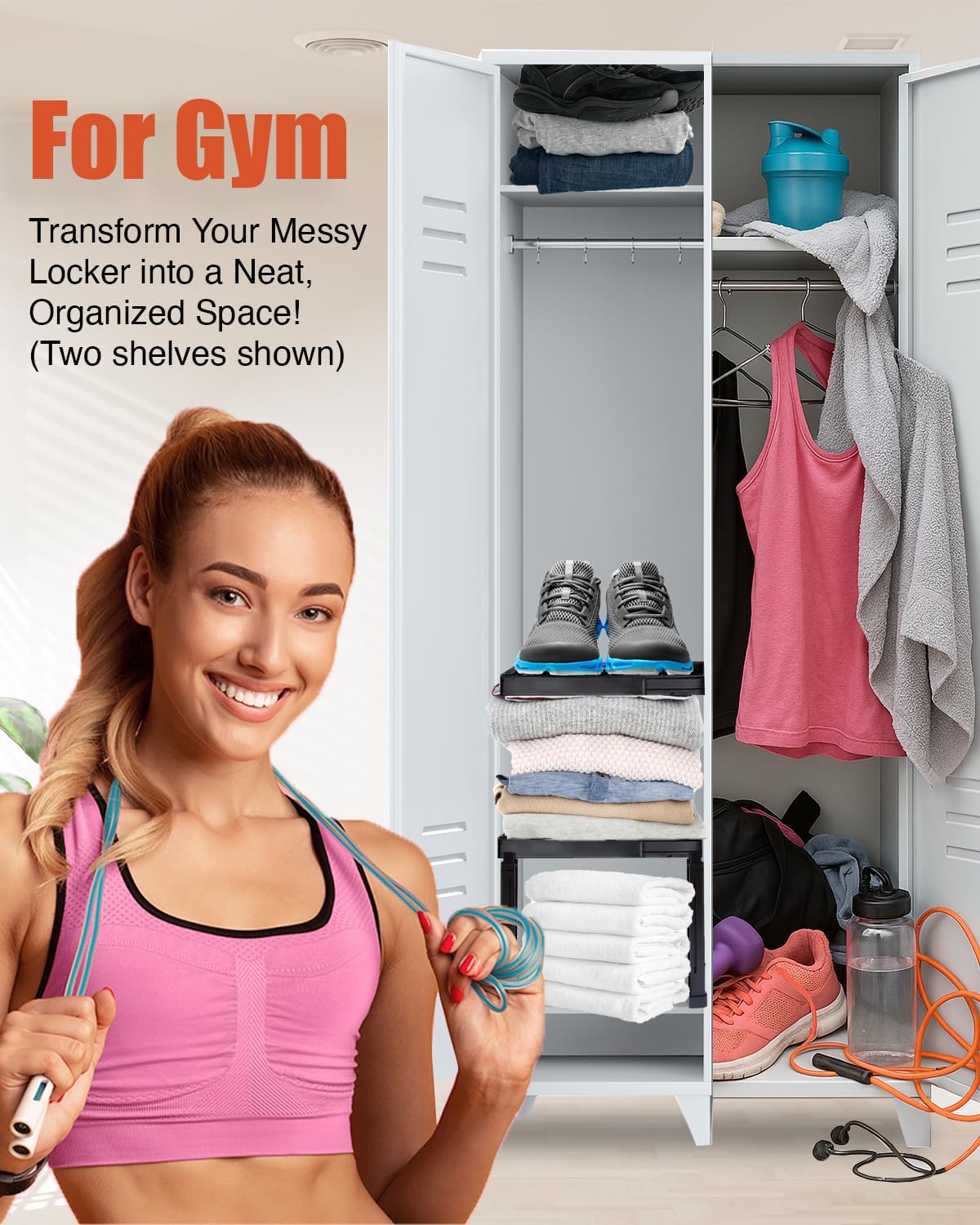 Locker Organizer Shelf， Adjustable Width and Height, Stackable, Ideal Locker Shelf for School