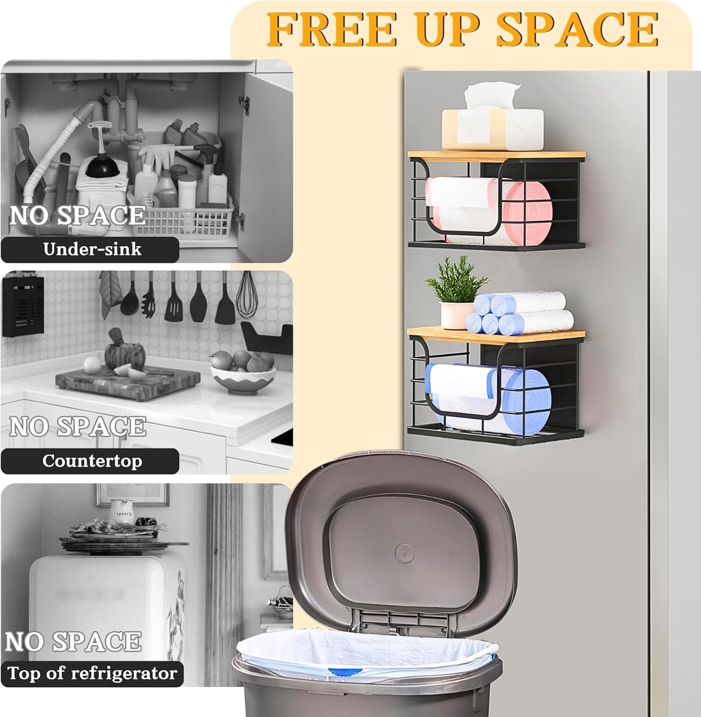 Magnetic Shelf for Fridge Trash Bag Organizer, 2 Pack Stackable Garbage Bag Holder with Bamboo Lid