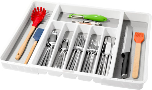 Silverware White Expandable Tray Classic Collection | 8-Compartments | Icons to Help sort Flatware