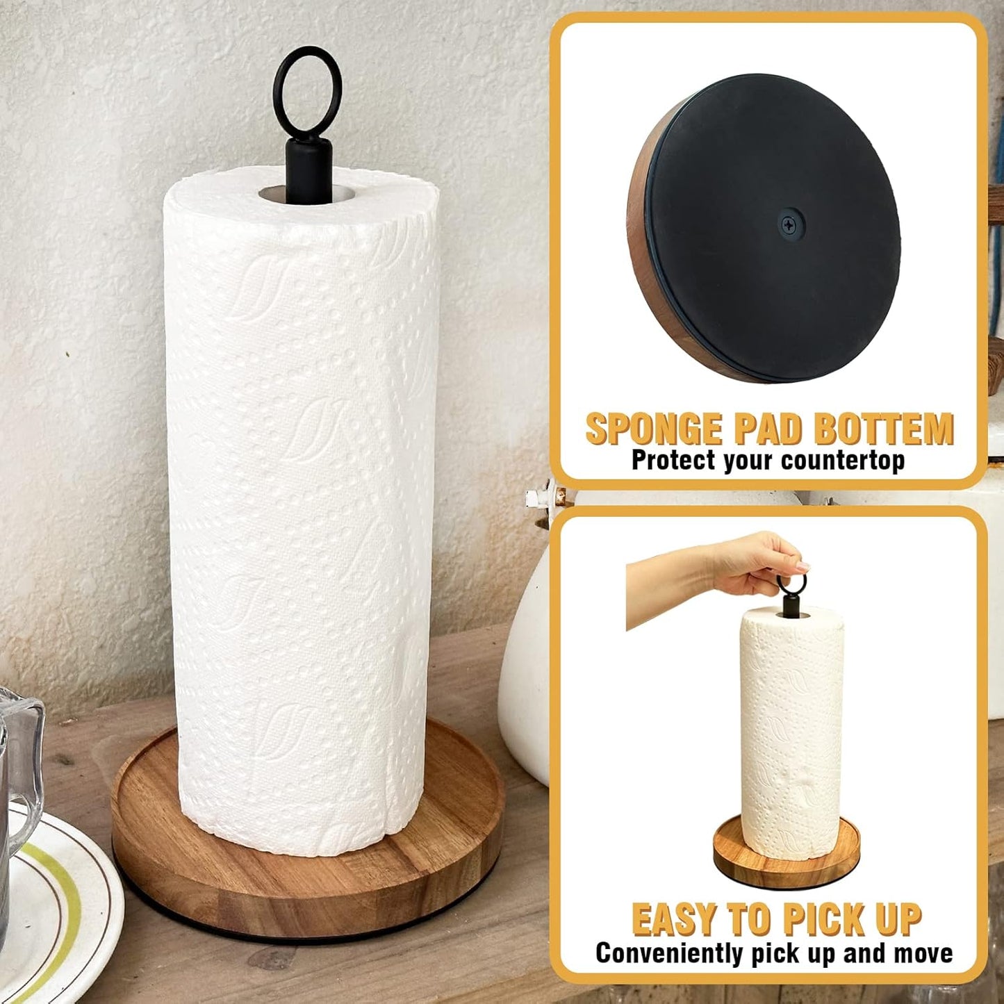 Paper Towel Holder Countertop, Solid Acacia Wood with Thick Metal Base