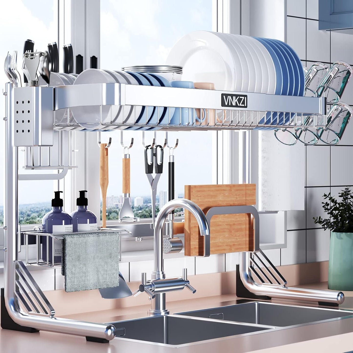 Over Sink Dish Drying Rack, 2 Tier Full Stainless Steel Storage Adjustable Length (25.98'' to 36.61'') Kitchen Rack, Multifunctional Expandable Counter Organizer, Space Saver Dish Rack