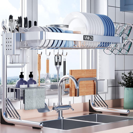 Over Sink Dish Drying Rack, 2 Tier Full Stainless Steel Storage Adjustable Length (25.98'' to 36.61'') Kitchen Rack, Multifunctional Expandable Counter Organizer, Space Saver Dish Rack
