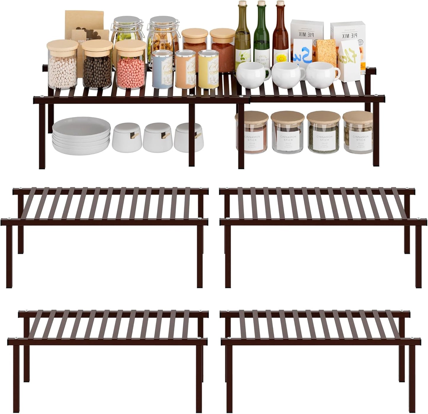 Set of 4 Expandable Kitchen Cabinet Organizer Shelf Kitchen Counter Shelves Spice Rack Kitchens Storage Wire Shelf Adjustable Metal Pantry Storage for Plate Dish, Brown
