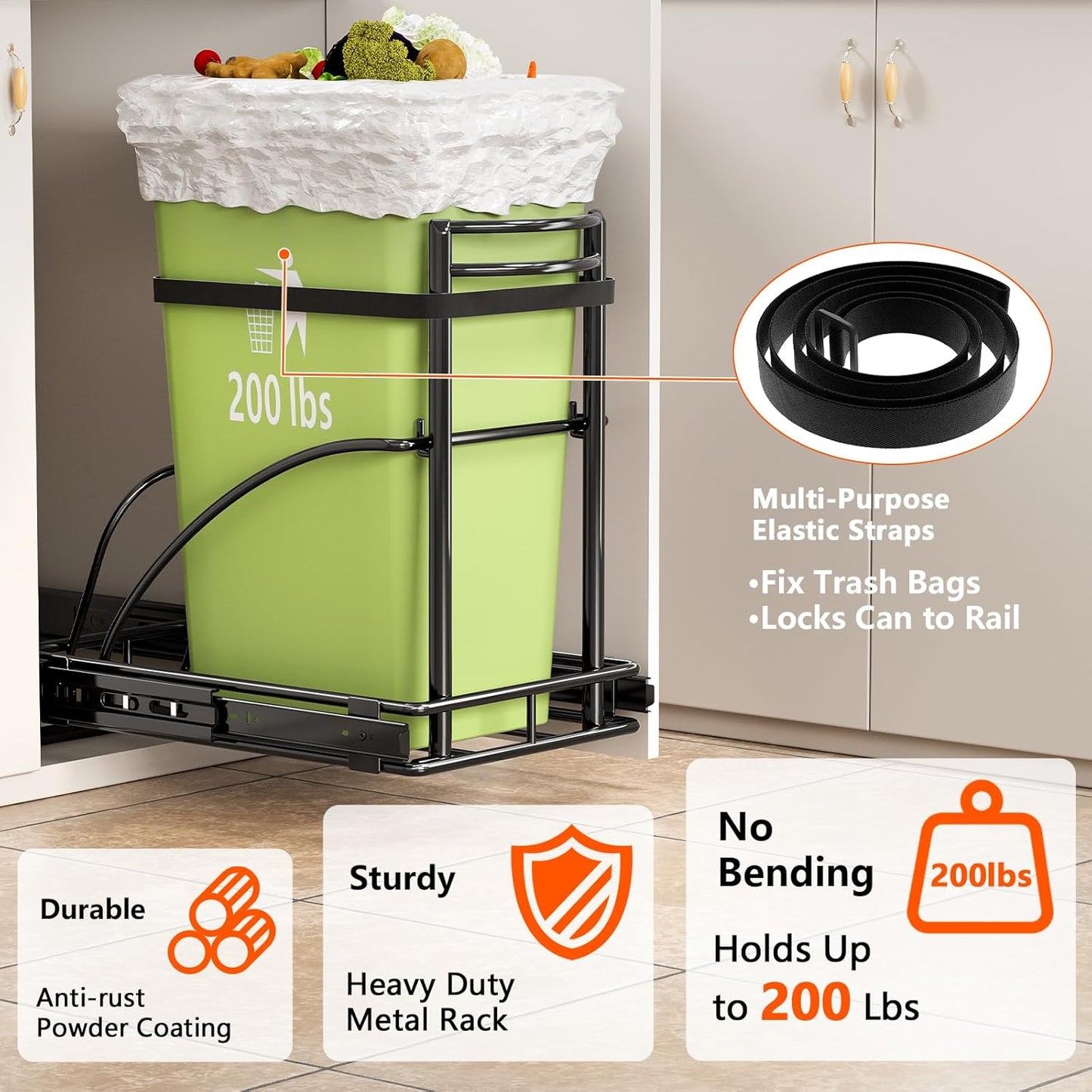 Under Sink Trash Can Pull Out, Reinforced Heavy Duty Steel Frame Slider