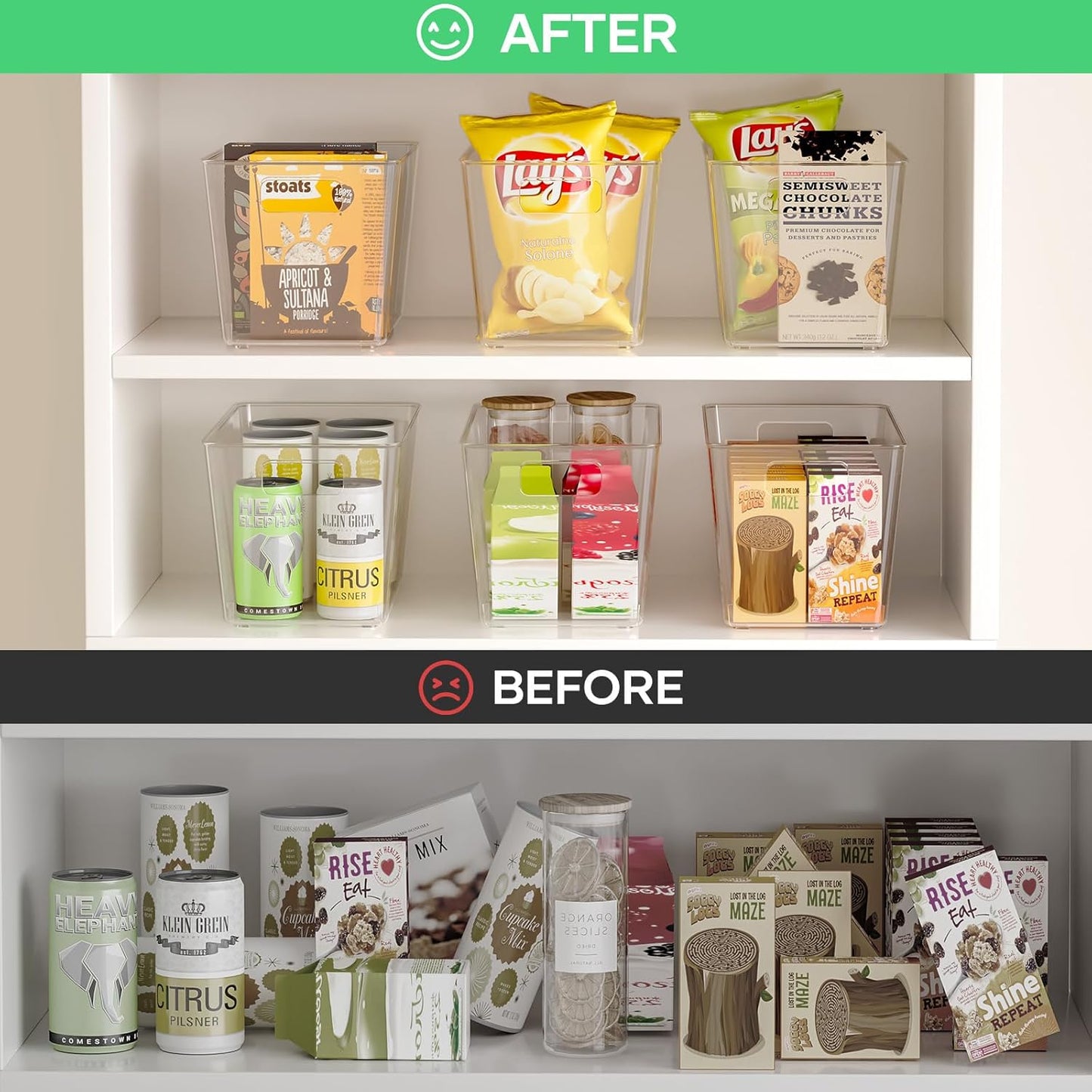 6 Pack Clear Plastic Storage Bins, 11" Large Pantry Organizer Bins with Handles