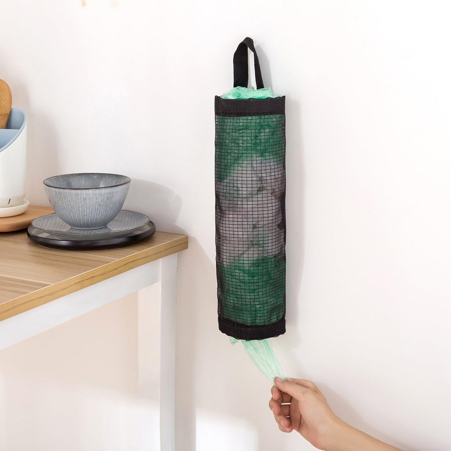 Bag Holder for Plastic Bags, 2 Pcs Polyester Grocery Bag Holder Plastic Dispenser Foldable Breathable Washable Hanging Mesh Garbage Bag Organizer for Kitchen Plastic Bag Storage (Black)