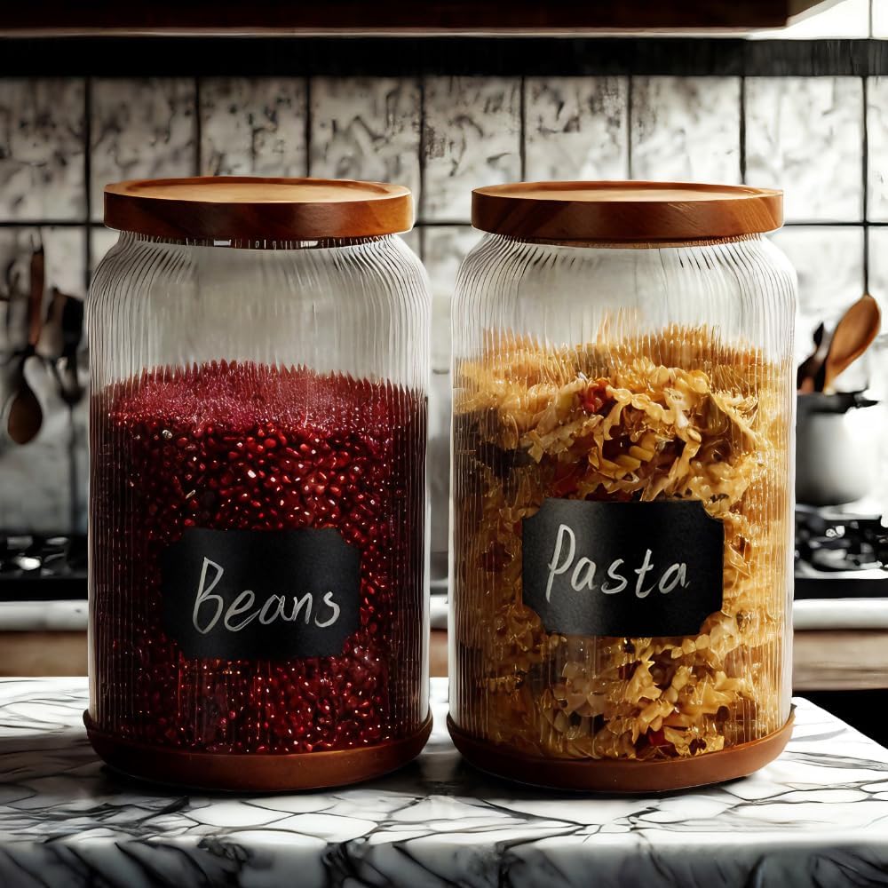 2-Pack Striped Borosilicate Glass Airtight Canisters - Big mouth Large Capacity, Acacia Wood Lid