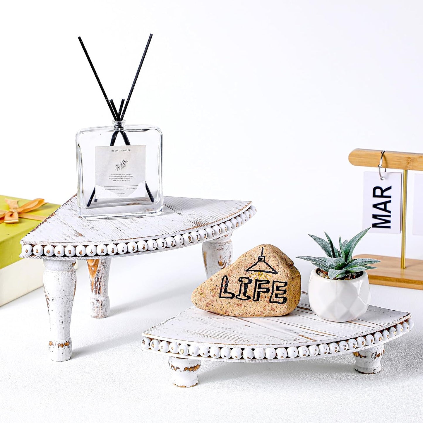 2 Tiered Corner Riser for Kitchen Counter Wood Beaded Corner Shelf White Wash Countertop Bathroom Counter Organizer Rustic Decorative Pedestal Stand with Removable Feet for Kitchen Coffee Bar