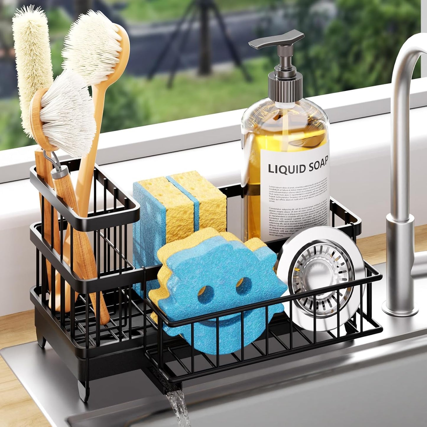 Sponge Holder for Kitchen Sink - Auto Draining Sink Caddy Organizer with Detachable Rack