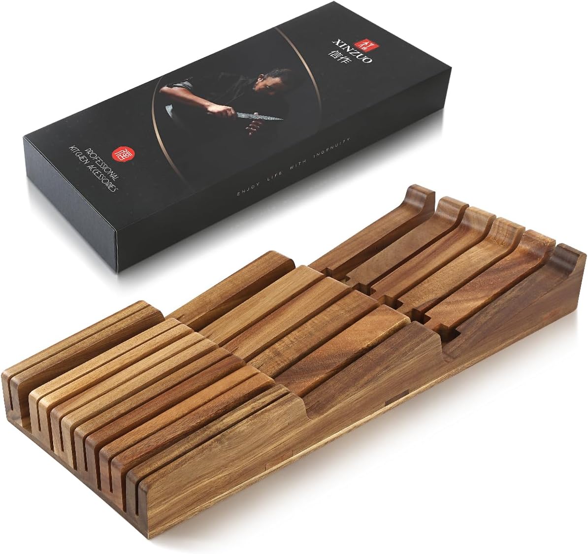 In-drawer Knife Block, Natural Acacia Knife Drawer Oganizer, Insert-Kitchen Storage Holder