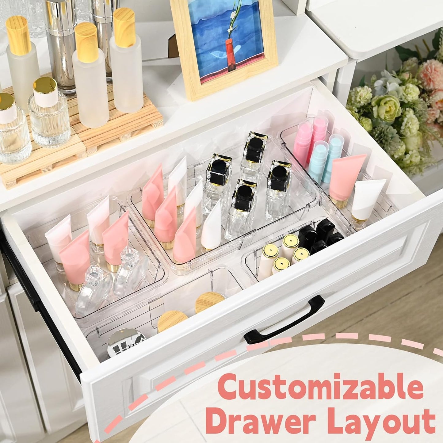 15 Pcs Extendable Clear Drawer Organizer, All Adjustable Vanity Storage Box