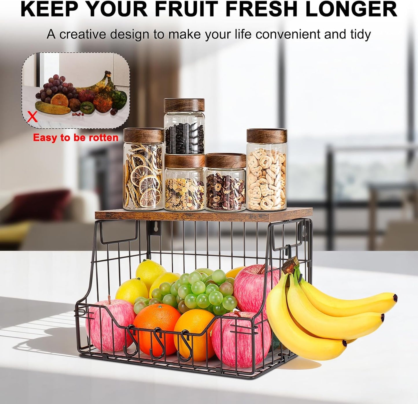 Fruit Basket for Kitchen, Metal Fruit Vegetable Storage Bin with 2 Banana Hangers