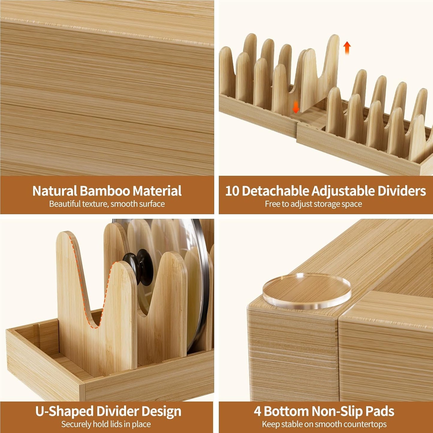 Bamboo Pot and Pan Organizer for Cabinet, 15"-29" Expandable Pot Lid Organizer with 10 Adjustable Dividers, Pan Holder Storage Rack with Solid Bamboo Wooden Base
