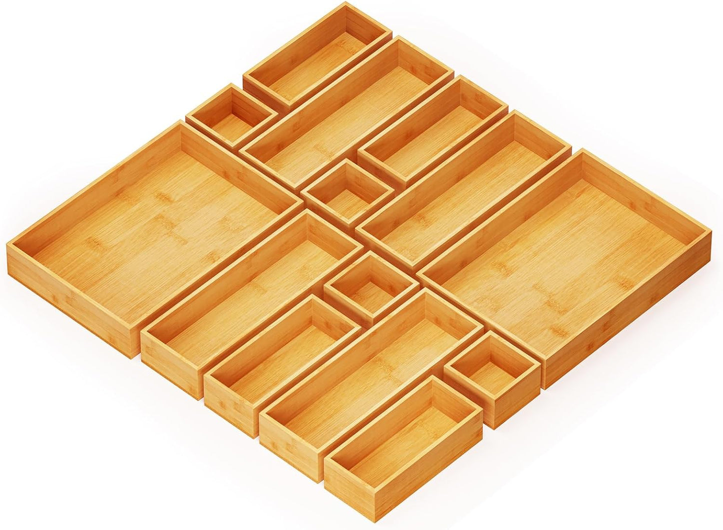 14-Piece Bamboo Drawer Organizer Storage Boxes Set