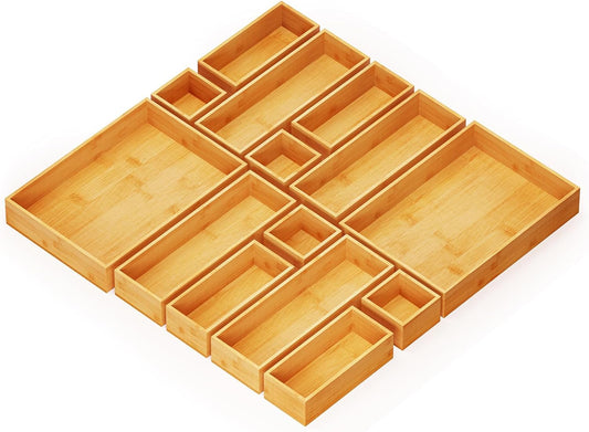14-Piece Bamboo Drawer Organizer Storage Boxes Set