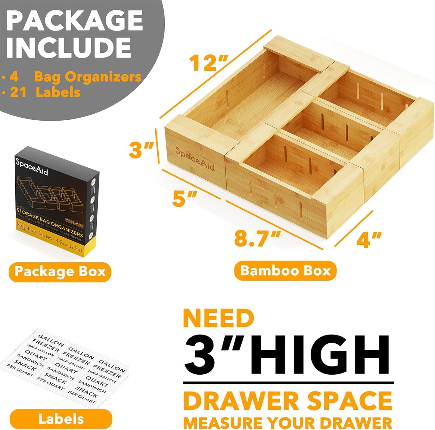 Bag Storage Organizer for Kitchen Drawer, Bamboo Organizer, Compatible with Gallon, Quart
