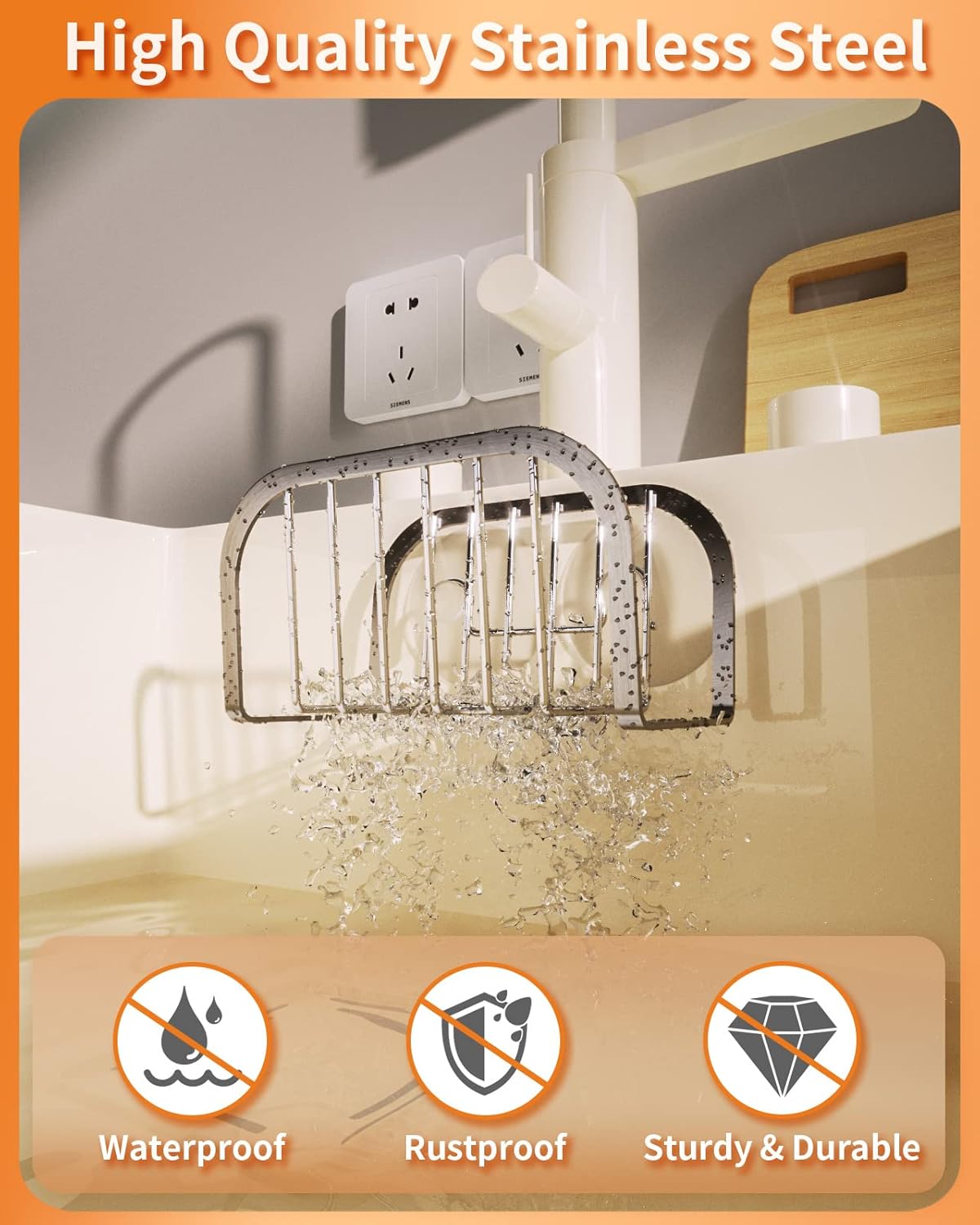 Sponge Holder for Kitchen Sink, Movable Sink Sponge Holder with Suction Cups Stainless Steel Sink Caddy Suction Cup for Sponge & Brush, Silver